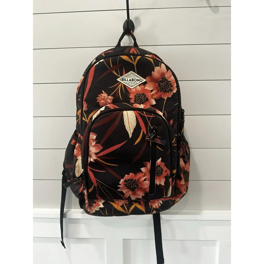 Billabong Roadie Black & Orange Tropical Floral Print Large Backpack 18